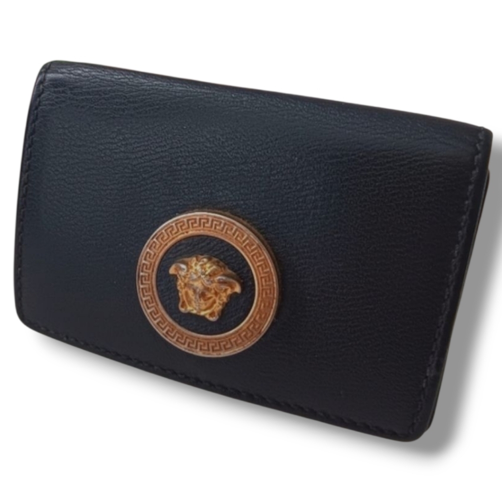 Versace Unisex Mini Trifold Black Leather Wallet with Gold Medusa Logo - Picture 6 of 12